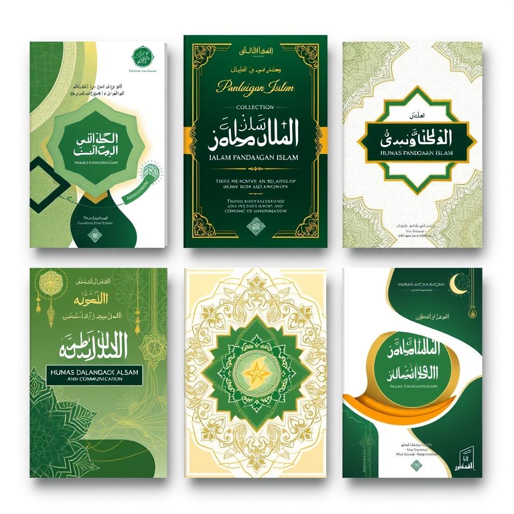 A series of five dynamic and modern book covers for a collection titled 'Humas dalam Pandangan Islam'