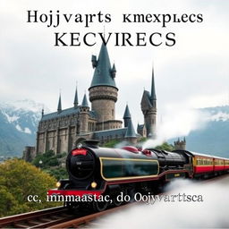 A collage featuring two main images: the magnificent castle of Hogwarts and the Hogwarts Express train