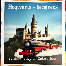 A collage featuring two main images: the magnificent castle of Hogwarts and the Hogwarts Express train