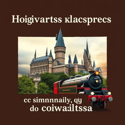 A collage featuring two main images: the magnificent castle of Hogwarts and the Hogwarts Express train