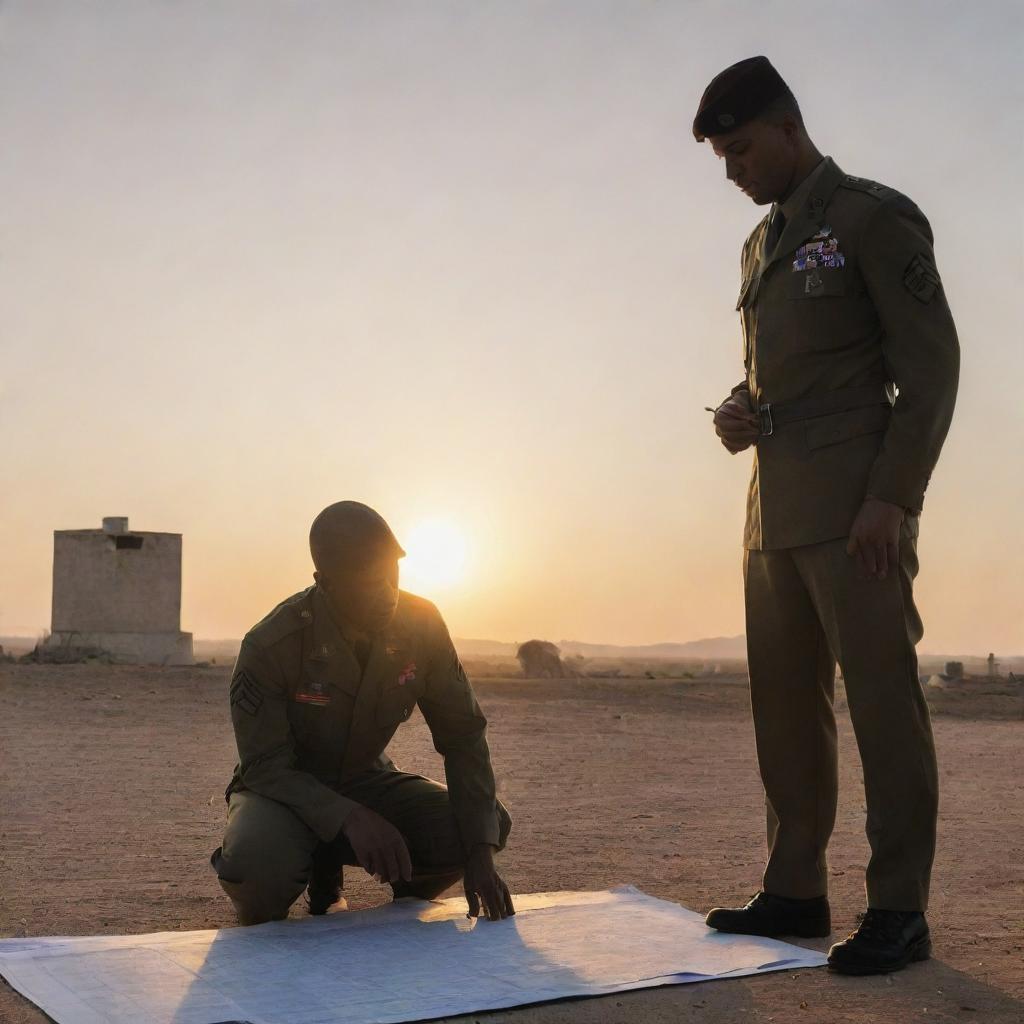 An architect drafting a blueprint next to a soldier standing vigilant, both in their respective uniforms, against a sunset backdrop.