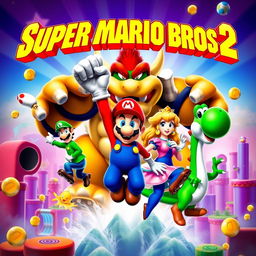 A thrilling and dynamic movie poster for "Super Mario Bros 2", featuring an action-packed scene with Super Mario, Luigi, Princess Peach, Bowser, and Yoshi