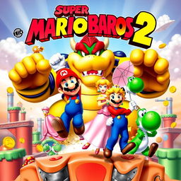 A thrilling and dynamic movie poster for "Super Mario Bros 2", featuring an action-packed scene with Super Mario, Luigi, Princess Peach, Bowser, and Yoshi