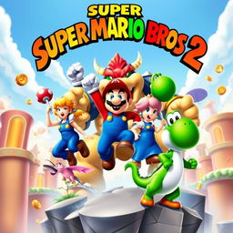 A thrilling and dynamic movie poster for "Super Mario Bros 2", featuring an action-packed scene with Super Mario, Luigi, Princess Peach, Bowser, and Yoshi