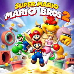 A thrilling and dynamic movie poster for "Super Mario Bros 2", featuring an action-packed scene with Super Mario, Luigi, Princess Peach, Bowser, and Yoshi