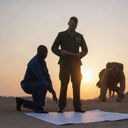 An architect drafting a blueprint next to a soldier standing vigilant, both in their respective uniforms, against a sunset backdrop.