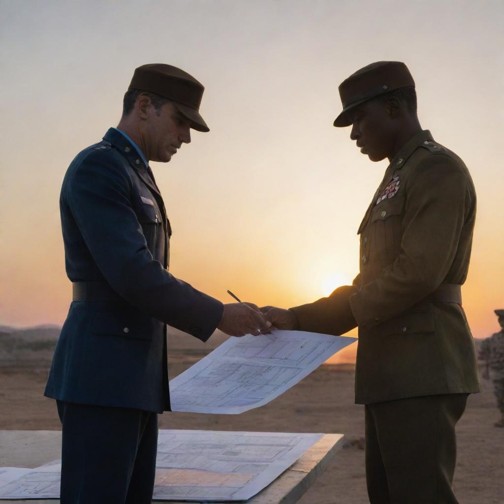 An architect drafting a blueprint next to a soldier standing vigilant, both in their respective uniforms, against a sunset backdrop.