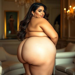 A voluptuous woman with a prominent, full-figured physique, featuring a large, round derriere