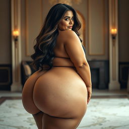 A voluptuous woman with a prominent, full-figured physique, featuring a large, round derriere