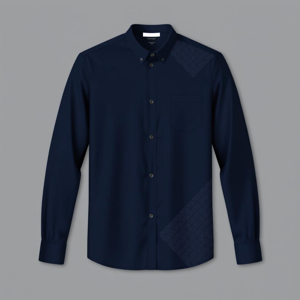 A modern and elegant navy blue long-sleeve shirt, featuring contemporary patterns that combine style and sophistication