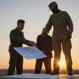 An architect drafting a blueprint next to a soldier standing vigilant, both in their respective uniforms, against a sunset backdrop.