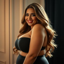 A beautifully voluptuous woman with an emphasis on her ample, shapely bust