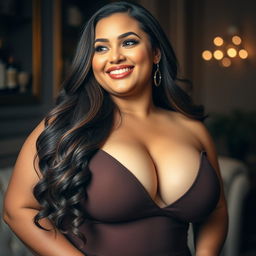 A beautifully voluptuous woman with an emphasis on her ample, shapely bust