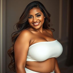 A beautifully voluptuous woman with an emphasis on her ample, shapely bust