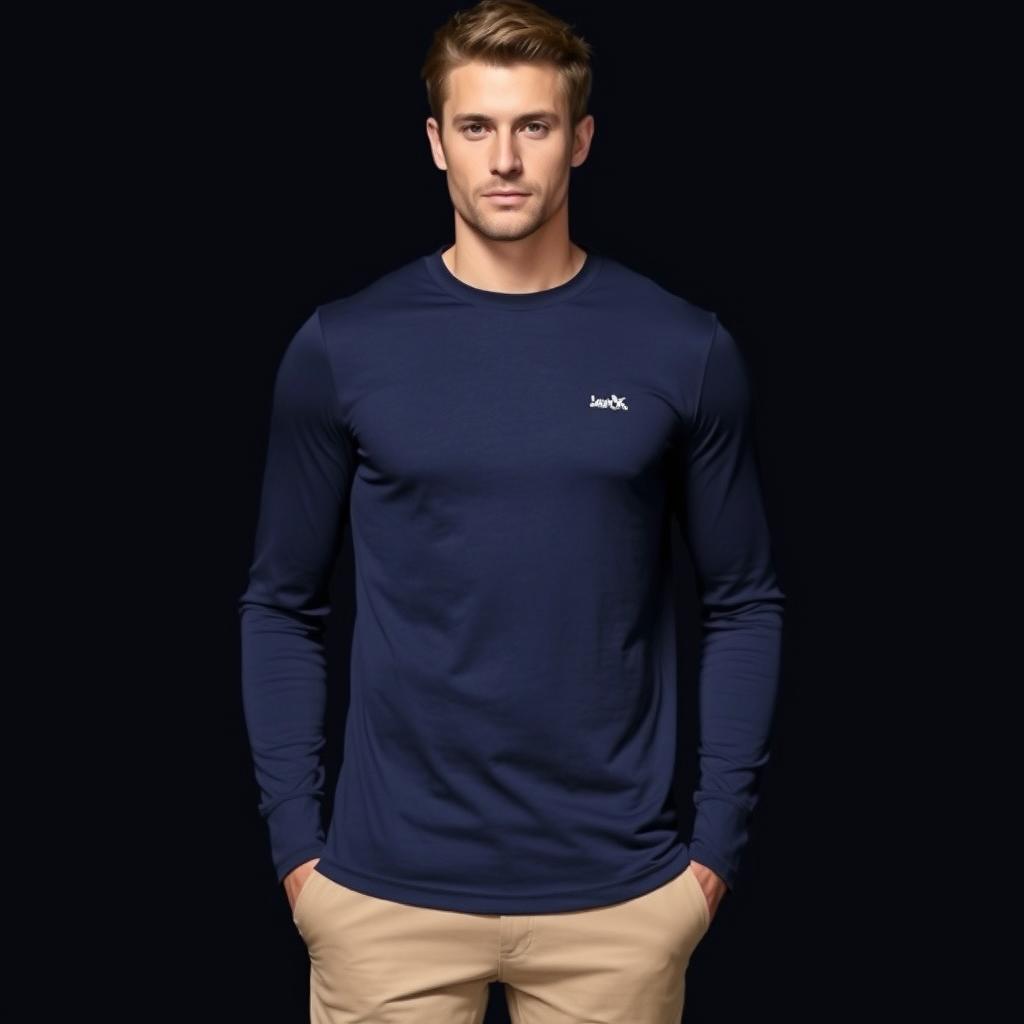 Navy blue long-sleeve t-shirt with a modern and elegant design