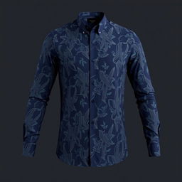 A navy blue long-sleeve shirt with a modern pattern, featuring contemporary elements and an elegant design