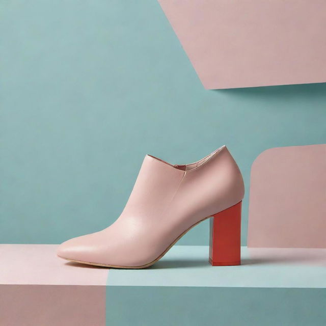 A visually striking minimalist and abstract background for a shoe brochure. The design features bold geometric shapes in a soothing color palette, creating a dynamic yet refined setting