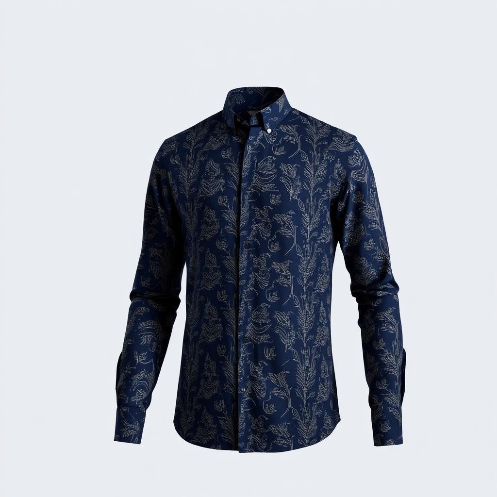 A navy blue long-sleeve shirt with a modern pattern, featuring contemporary elements and an elegant design