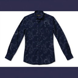 A navy blue long-sleeve shirt with a modern pattern, featuring contemporary elements and an elegant design