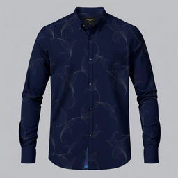 A navy blue long-sleeve shirt with a modern pattern, featuring contemporary elements and an elegant design