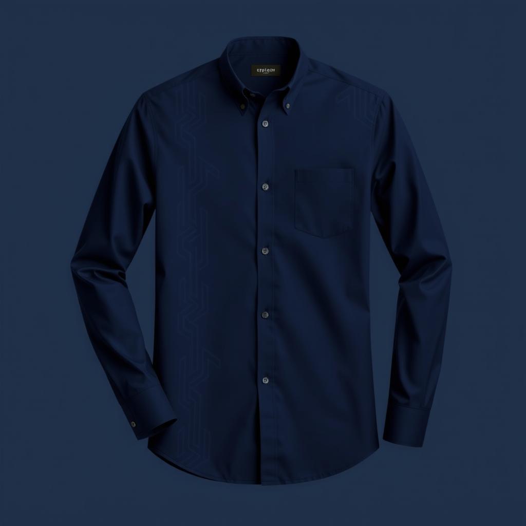 A navy blue long-sleeve shirt with modern motifs, featuring contemporary geometric patterns and sleek design