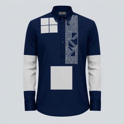 A navy blue long-sleeve shirt with modern motifs, featuring contemporary geometric patterns and sleek design