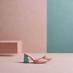 A visually striking minimalist and abstract background for a shoe brochure. The design features bold geometric shapes in a soothing color palette, creating a dynamic yet refined setting