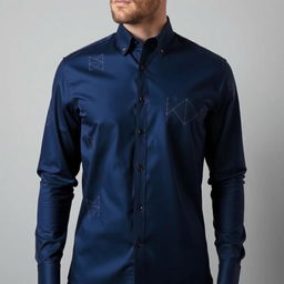 A navy blue long-sleeve shirt with modern motifs, featuring contemporary geometric patterns and sleek design