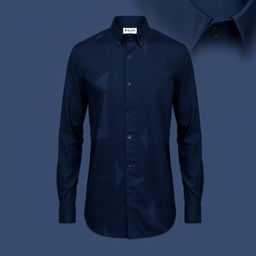 A navy blue long-sleeve shirt with modern motifs, featuring contemporary geometric patterns and sleek design