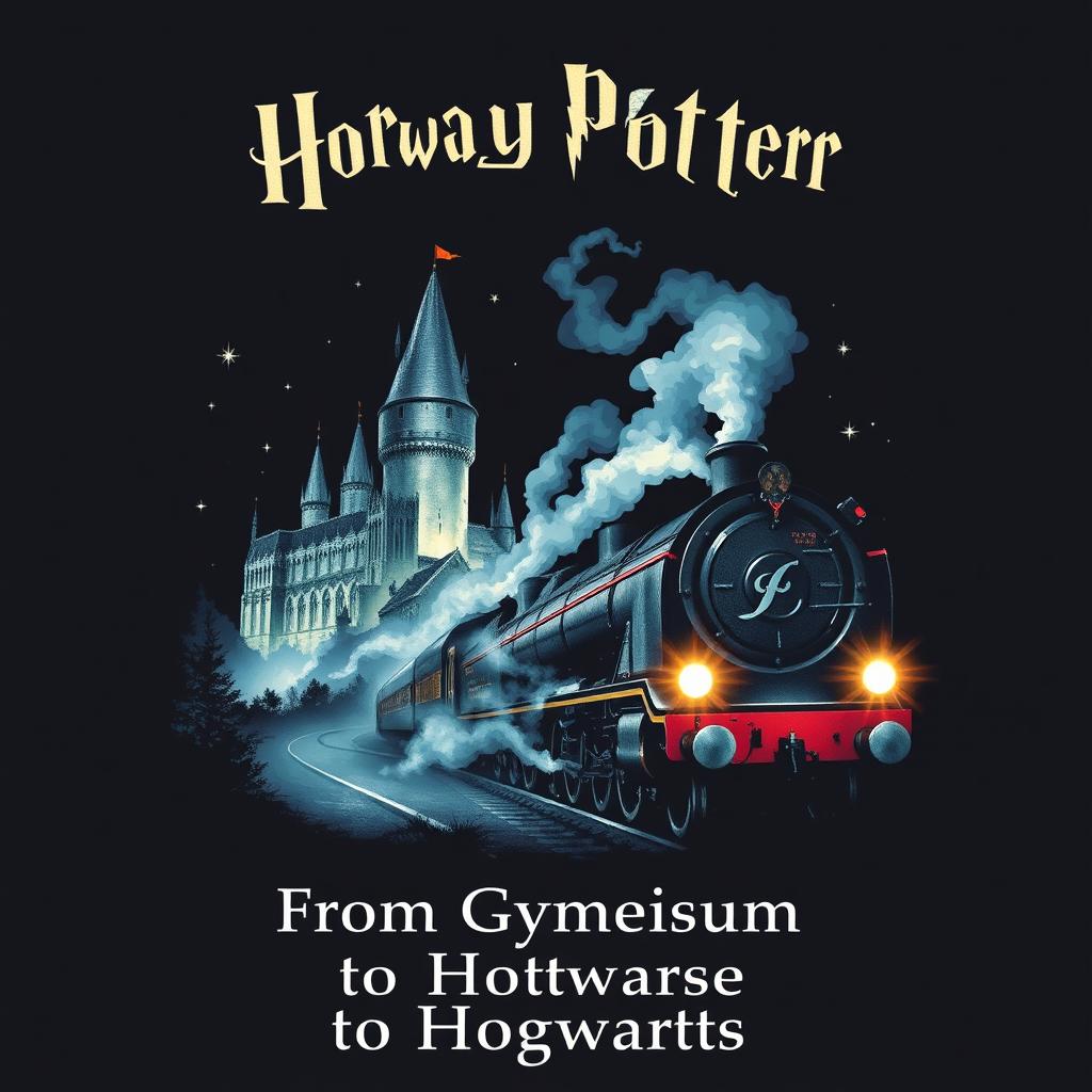 A magical poster inspired by the enchanting style of Harry Potter, featuring a central collage with two key images: the mesmerizing Hogwarts castle and the iconic Hogwarts Express train