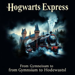 A magical poster inspired by the enchanting style of Harry Potter, featuring a central collage with two key images: the mesmerizing Hogwarts castle and the iconic Hogwarts Express train