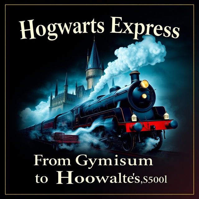 A magical poster inspired by the enchanting style of Harry Potter, featuring a central collage with two key images: the mesmerizing Hogwarts castle and the iconic Hogwarts Express train