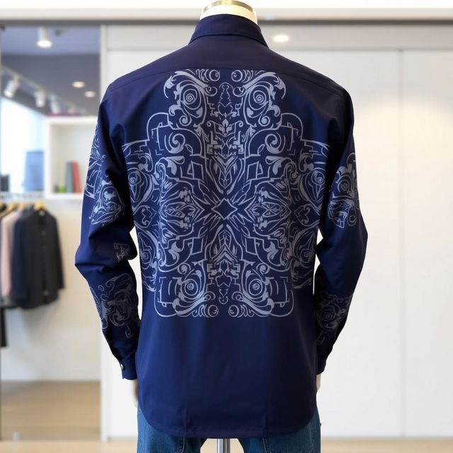 Long-sleeved shirt with a modern pattern in navy blue, showcasing an intricate, stylish design on both the front and back