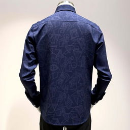 Long-sleeved shirt with a modern pattern in navy blue, showcasing an intricate, stylish design on both the front and back