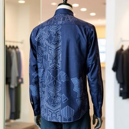 Long-sleeved shirt with a modern pattern in navy blue, showcasing an intricate, stylish design on both the front and back