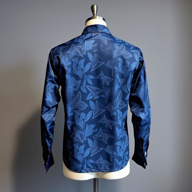 Long-sleeved shirt with a modern and innovative pattern in navy blue, featuring unique, eye-catching designs on both the front and back