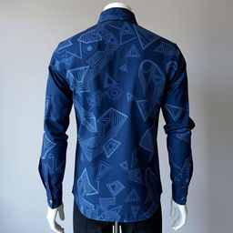 Long-sleeved shirt with a modern and innovative pattern in navy blue, featuring unique, eye-catching designs on both the front and back