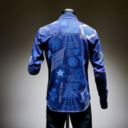 Long-sleeved shirt with a modern and innovative pattern in navy blue, featuring unique, eye-catching designs on both the front and back