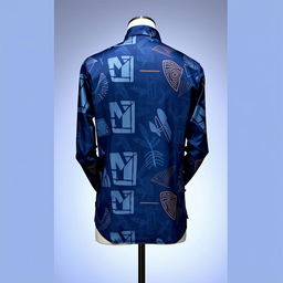 Long-sleeved shirt with a modern and innovative pattern in navy blue, featuring unique, eye-catching designs on both the front and back