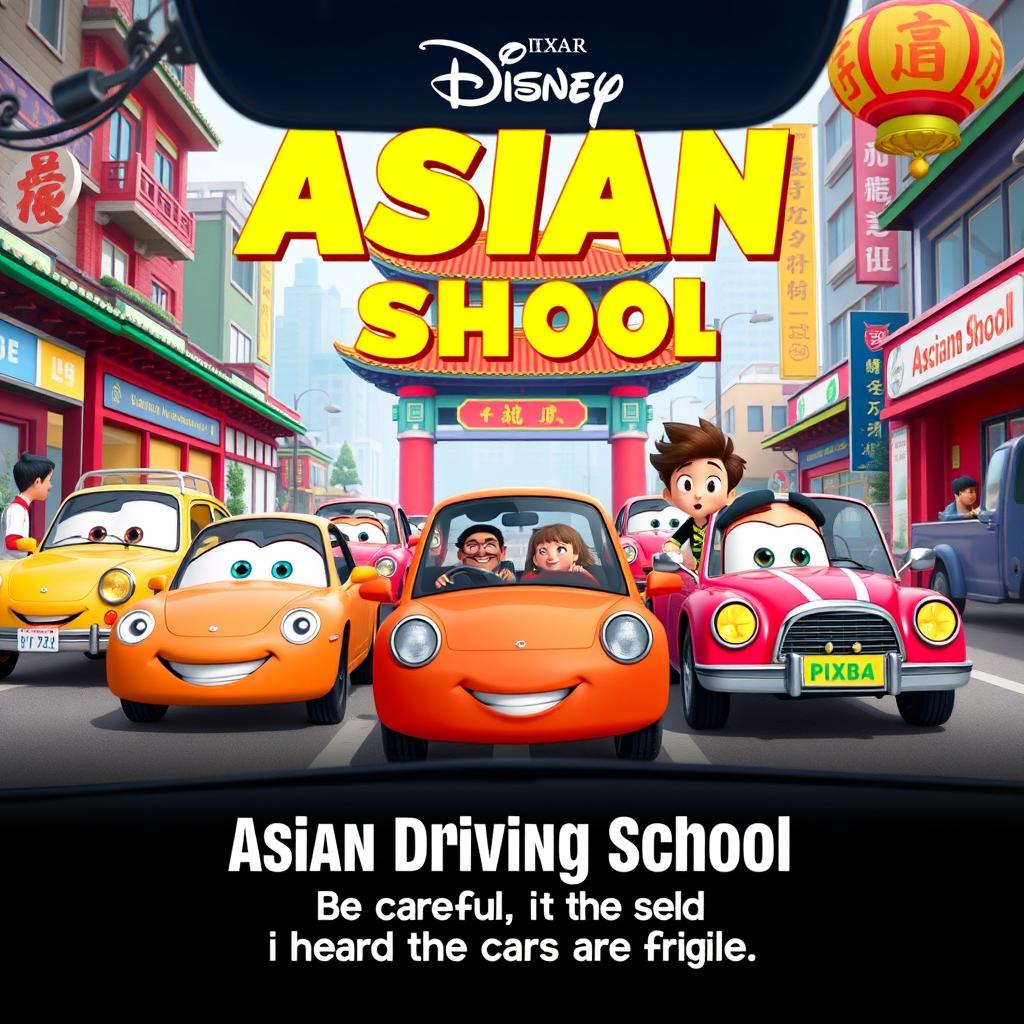 A Pixar Disney-style movie poster titled 'Asian Driving School: Be Careful, I Heard the Cars are Fragile'