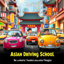 A Pixar Disney-style movie poster titled 'Asian Driving School: Be Careful, I Heard the Cars are Fragile'