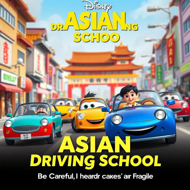 A Pixar Disney-style movie poster titled 'Asian Driving School: Be Careful, I Heard the Cars are Fragile'