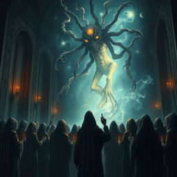 A group of worshippers gathered in a dimly-lit temple, paying homage to an otherworldly creature from another dimension