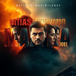 A cinematic movie poster featuring the names MATIAS, MAXIMILIANO, YANINA, and JOEL in bold, dramatic fonts, integrated with the user's image as the focal element