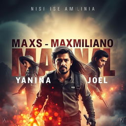 A cinematic movie poster featuring the names MATIAS, MAXIMILIANO, YANINA, and JOEL in bold, dramatic fonts, integrated with the user's image as the focal element