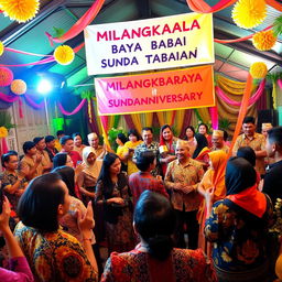 A vibrant and festive celebration scene depicting the Milangkala Baraya Sunda Tabanan first anniversary