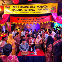 A vibrant and festive celebration scene depicting the Milangkala Baraya Sunda Tabanan first anniversary