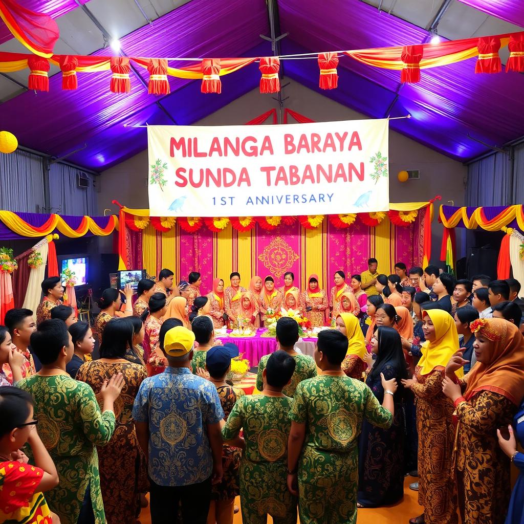 A vibrant and festive celebration scene depicting the Milangkala Baraya Sunda Tabanan first anniversary