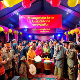 A vibrant and festive celebration scene depicting the Milangkala Baraya Sunda Tabanan first anniversary