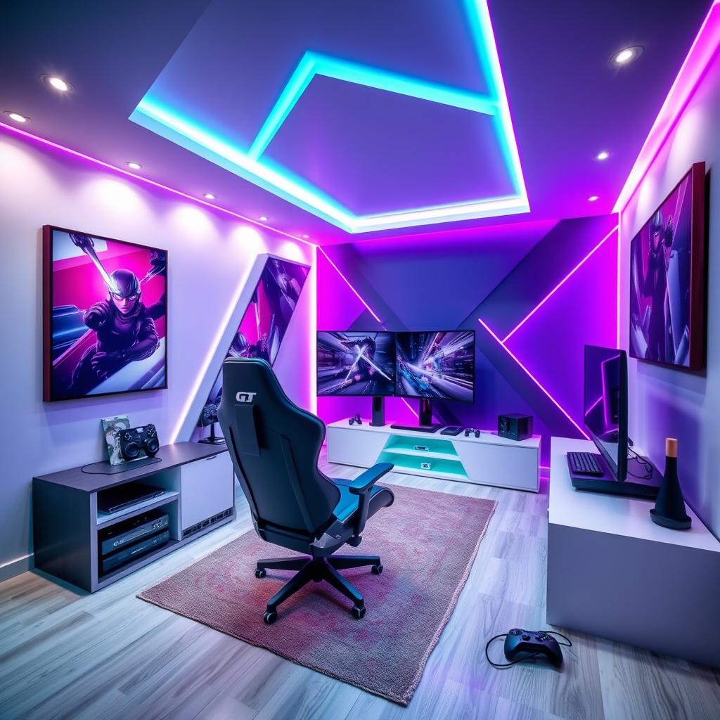 A stylish gamer room with a geometric theme, featuring sleek, angular furniture designs and sharp lines throughout